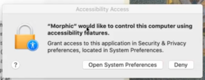Screenshot of the macOS system message asking to grant access in Security & Privacy preferences.